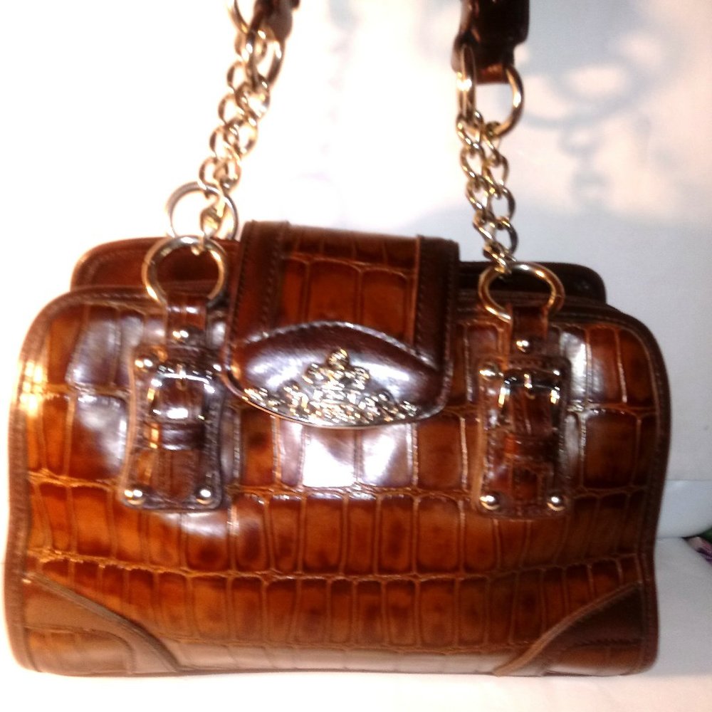 BROWN BEAUTIFUL MC MOCK CROC SATCHEL WITH SILVER HARDWARE AND CHAINS